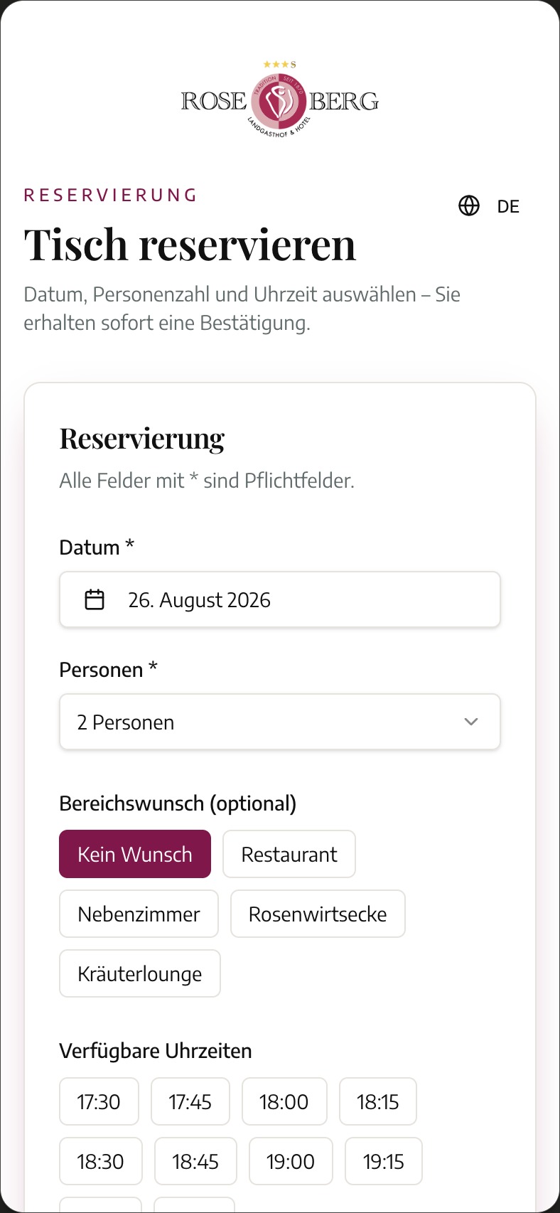 Tischreservierung Rose Berg — Smartphone Mockup